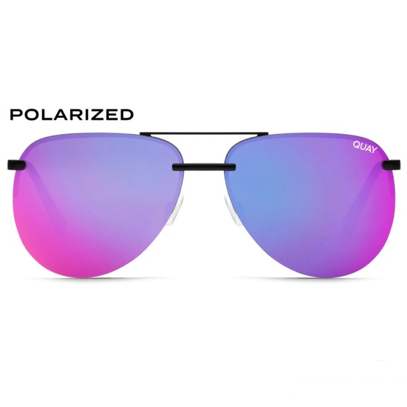 QUAY The Playa Sunglasses Polarized Black Frame Pink Mirror Lenses Aviator Style - Picture 15 of 15
